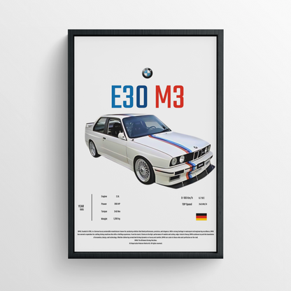 BMW E30 M3 - Framed Poster -  White version