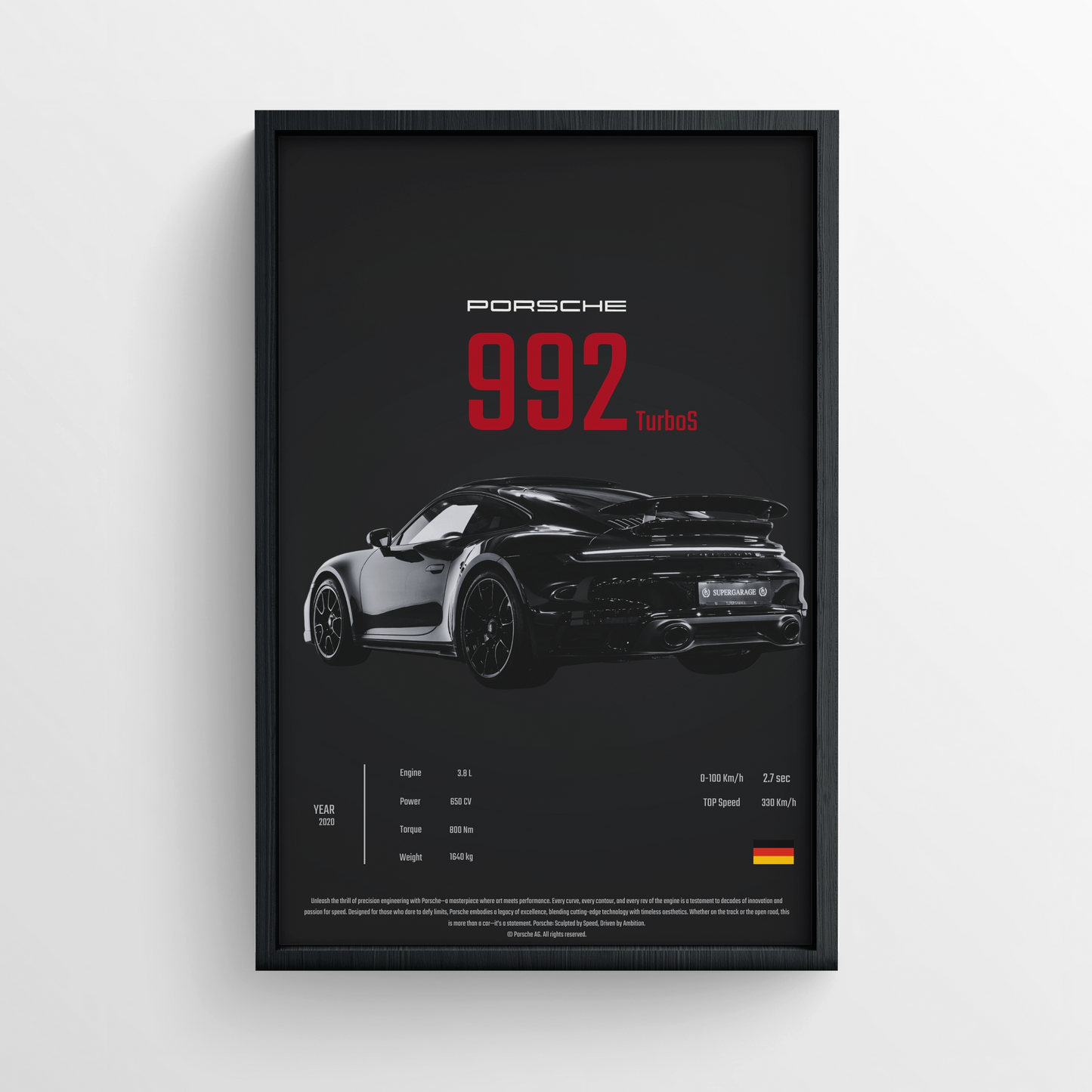 Porsche 992 Turbo S - Framed Poster - Black Version