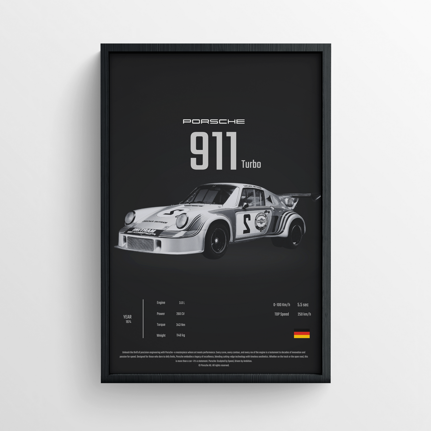 Porsche 911 Turbo (1974) - Framed Poster - Black Version