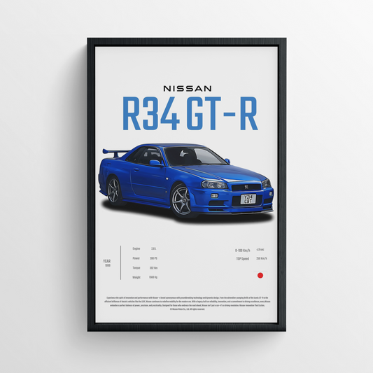 Nissan R34 GT-R - Framed Poster - White Version