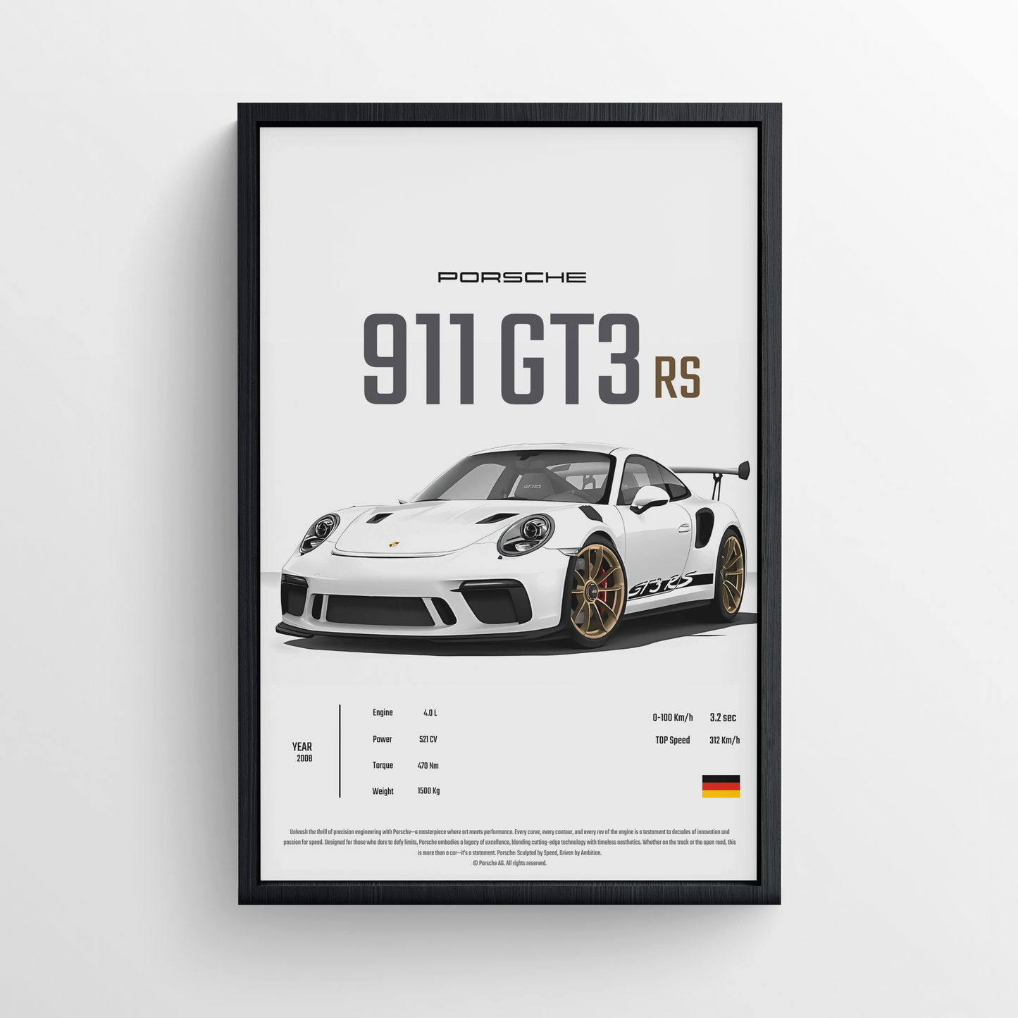 Porsche 911 GT3 RS - Framed Poster - White Version